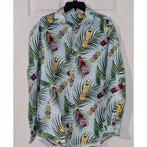 Spirit Mens L Tropical Beer Bottles Palm Leaves Button Up Shirt Long Sleeve NWOT